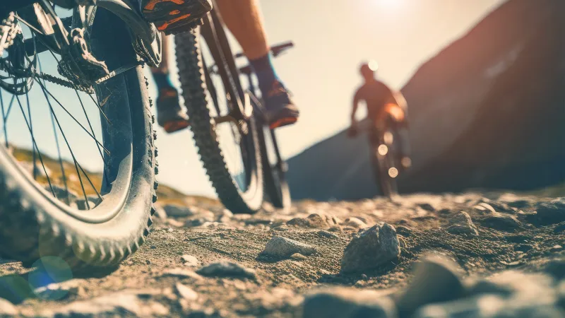  Closeup einer Steinlandschaft mit einem Mountainbike, dessen Person im Hintergrund zu sehen ist. Das Bild vermittelt Freiheit, Freizeit und Entspannung.